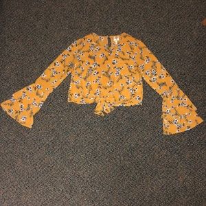 Floral yellow shirt with tie and bell sleeves